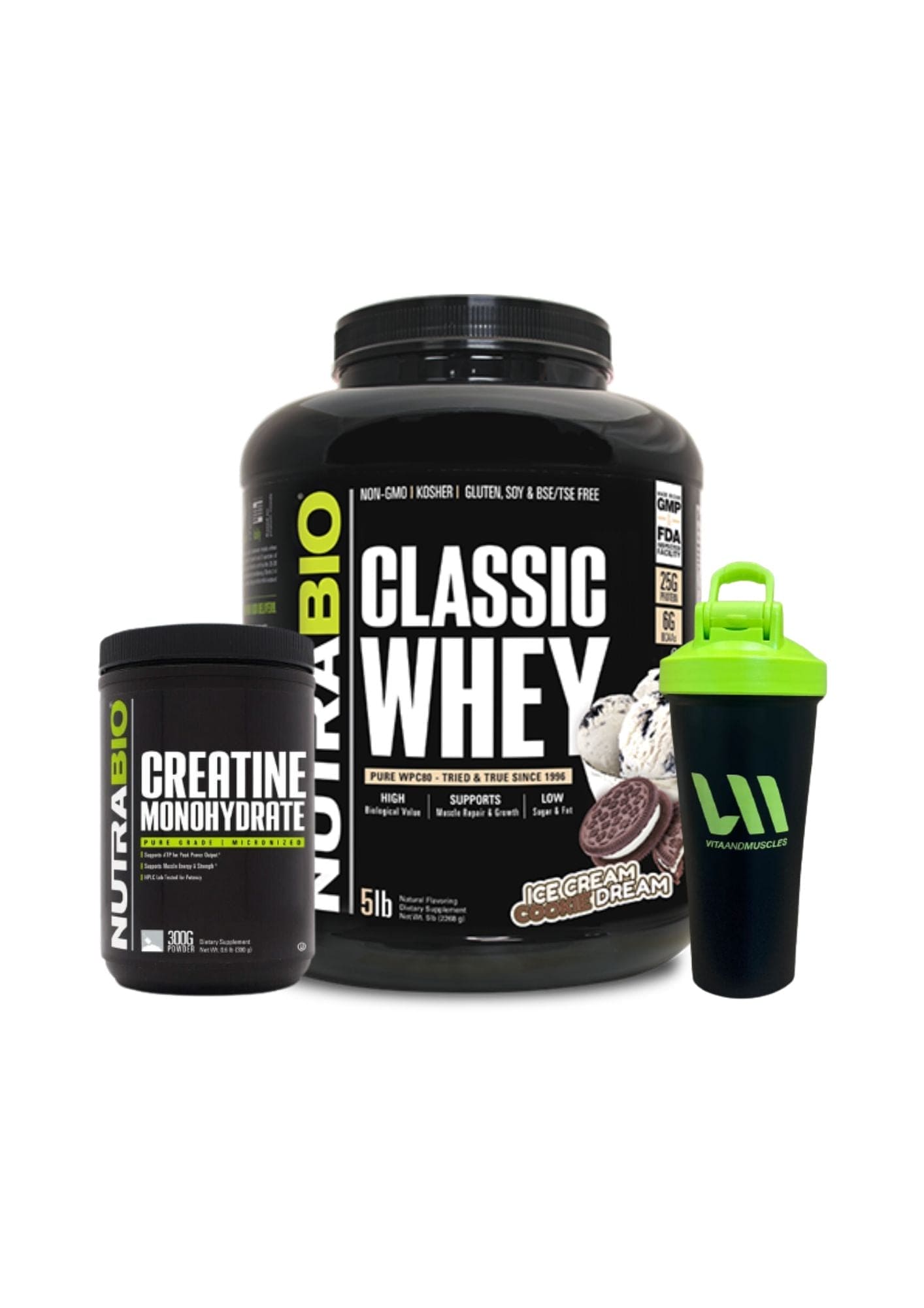 Proteina Nutrabio 5 lbs + Creatina 300 grs + Shaker VM
