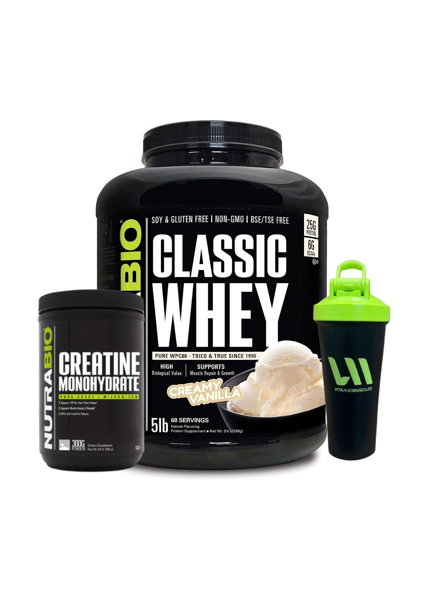 Proteina Nutrabio 5 lbs + Creatina 300 grs + Shaker VM